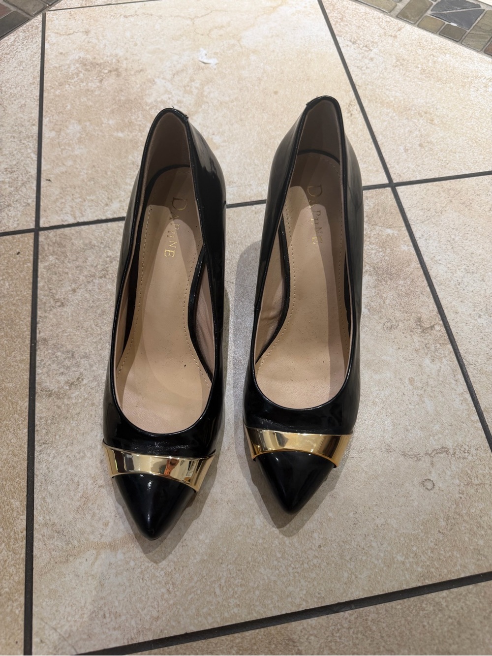 BRAND NEW Black Pointed Toe Pumps with Gold Accent